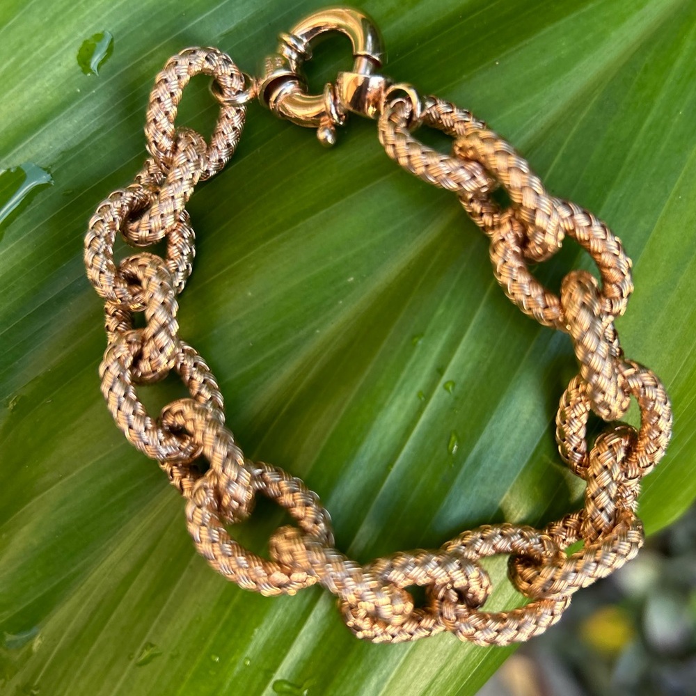 Italy 925 Rose Gold On Sterling silver  Basket Weave Oval chain Link Bracelet